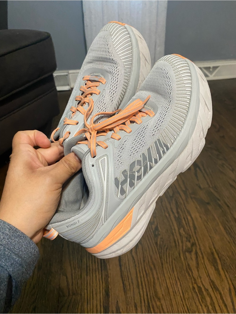 Hoka Women's Gray and Peach Bondi 7 Running Shoes